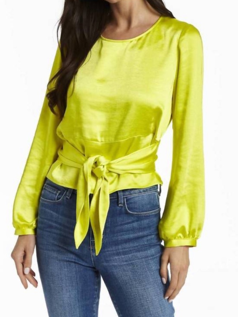 DREW Claire Satin Long Sleeve Top in Sun (Bright Yellow) Women’s Sz Medium Chic